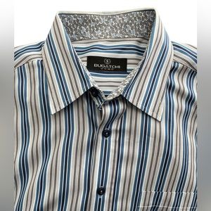 Bugatchi UOMO Mens Stripped Blue and White Dress Shirt EUC Size Large Tall